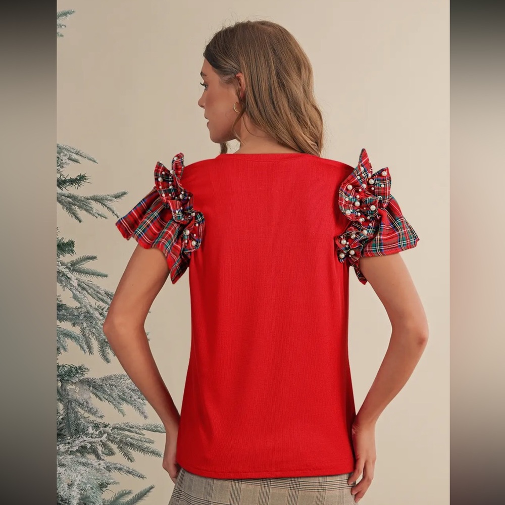 Stylish Red Plaid Ruffle Sleeve Women's Blouse - Picture 2 of 3